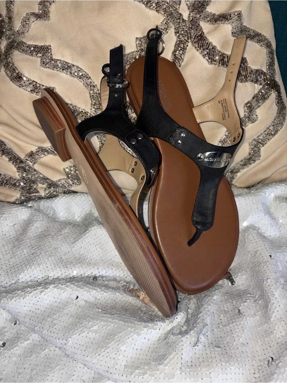 Michael Kors Black Leather Thong Sandals with Brown Footbed